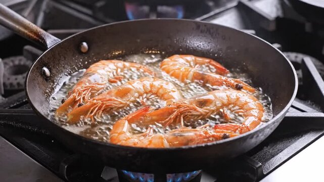 Close-up of shrimp frying in hot oil in a pan on a gas stovetop in a kitchen setting