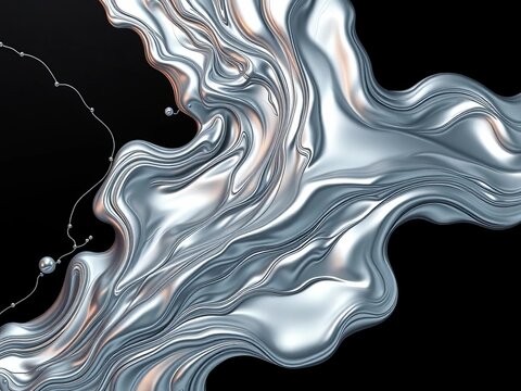 Melted silver liquid flowing, amorphous form, modern art,  abstract,  reflective