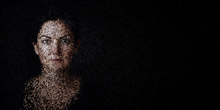 Digital ID Portrait of Woman with Face made up of Computer code. Multi-factor authentication Concept with copy-space.
