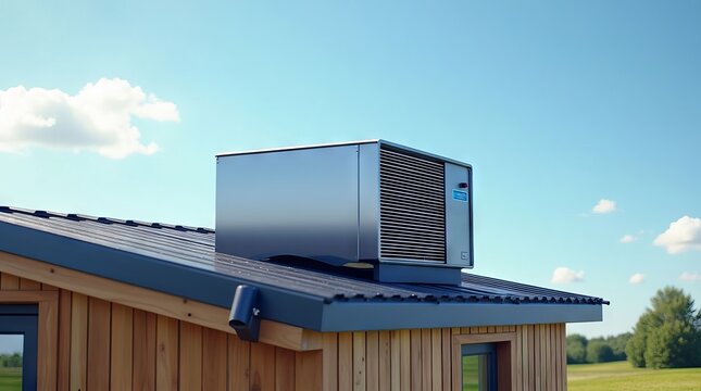Modern HVAC rooftop unit installed on a wooden cabin.