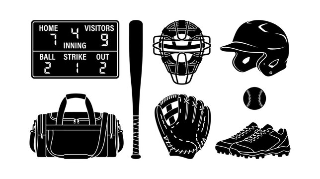 Collection of baseball equipment including baseball bat, baseball glove, baseball ball, catcher mask, helmet, scoreboard, sports bag and cleats, black and white vector illustration