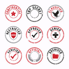 Obraz premium Circular Wax Seal Stamp Grid Flat Vector Illustration Vintage Confidential and Top Secret Stamps Set with Concentric Ink Rings Eagle Shield and Laurel Emblems Isolated Collection for Marketing Packagi