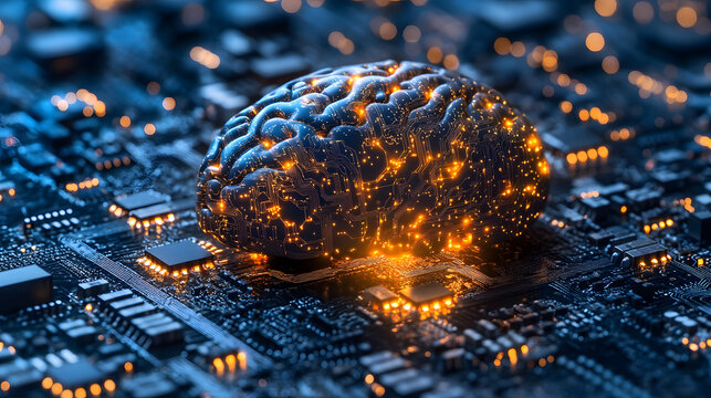 Futuristic digital human brain concept glowing with electric gold neural connections on microchip