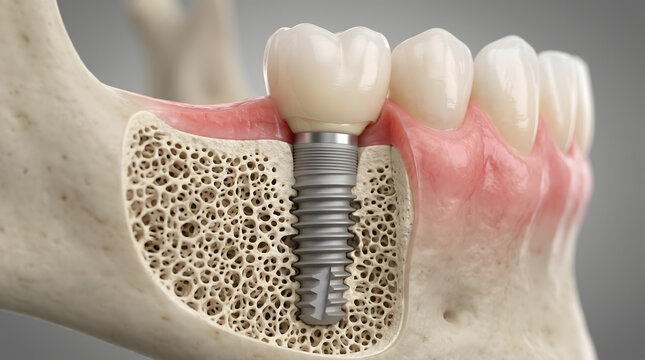 Detailed anatomical cross-section of a dental implant screw integrated into the human jawbone with a ceramic crown and healthy gums