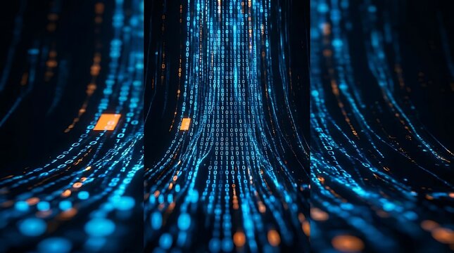 Glowing binary code flowing through digital tunnel