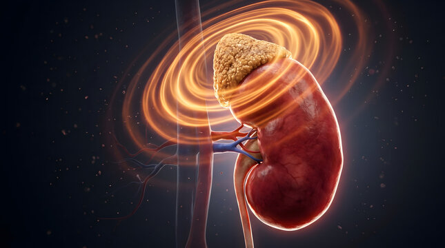 3D medical illustration of a human kidney and adrenal gland with glowing orange energy waves representing ultrasound or shockwave therapy treatment.