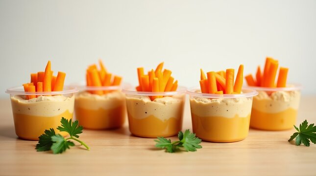 Individual hummus cups with fresh carrot sticks for a healthy snack.