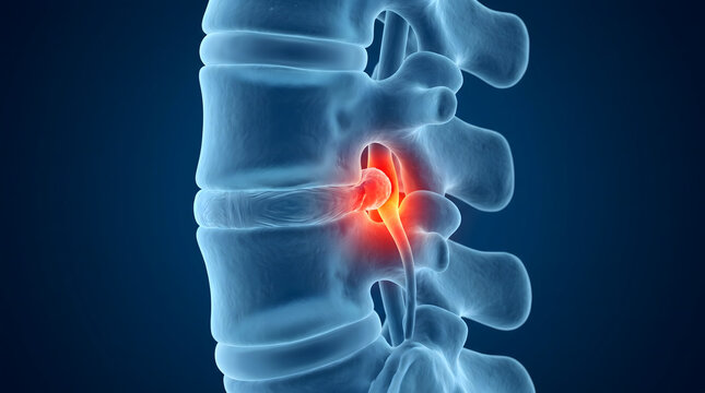 3D illustration of a herniated lumbar disc causing nerve compression and inflammation in the human spine, highlighting chronic back pain anatomy.