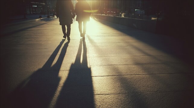 Two people walking together on sunlit street with long shadows, urban life, strong contrast, flare