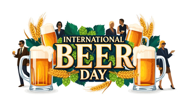 International Beer Day Celebration: A vibrant illustration capturing the essence of International Beer Day, featuring frothy mugs of golden beer, hop cones, barley stalks.