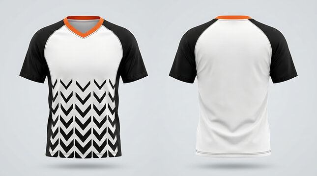 Front and back view of a white and black soccer jersey with orange collar.
