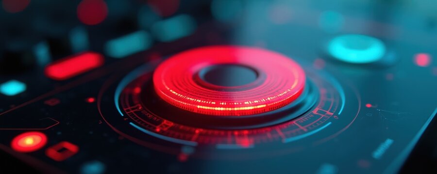 Close-up view of dj mixer control panel. Red illuminated jog wheel and cyan buttons glow in dark club. Futuristic audio equipment for music production or live performance.