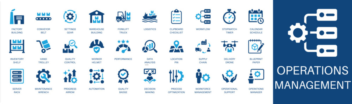 Operations management and logistics solid icon set. Featuring supply chain, quality control, automation, workflow, and data analysis. Editable vector glyphs for industrial planning and strategy.