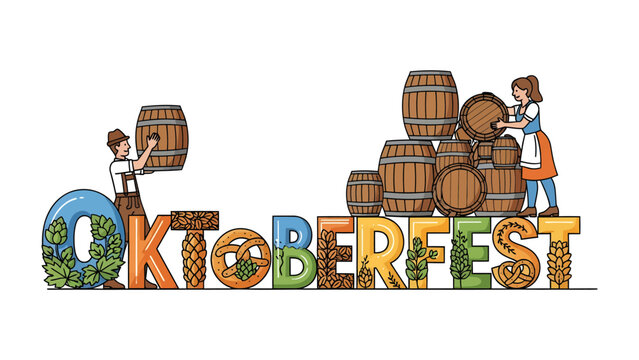 Oktoberfest Celebration: Festive Oktoberfest celebration with traditional wooden barrels and playful lettering spelling out Oktoberfest.