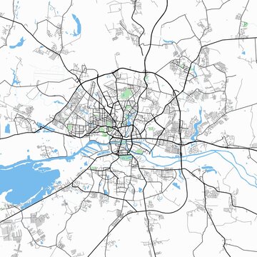 Minimal vector street map of Kaliningrad, Kaliningrad Oblast, Russia. Detailed urban city plan with roads, highways, residential districts, river landscape, coastal infrastructure, and surrounding nat