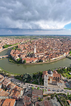 Aerial View of Verona with Adige River Meander and Historic Arena, Veneto, Italy