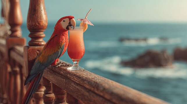 A parrot holding a cocktail with an ocean backdrop
