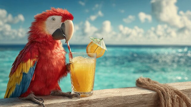 A parrot holding a cocktail with an ocean backdrop	