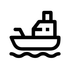 Fototapeta premium Simple black outline icon of a cargo ship on sea waves with transport nautical shipping transportation logistics navigation minimalist isolated