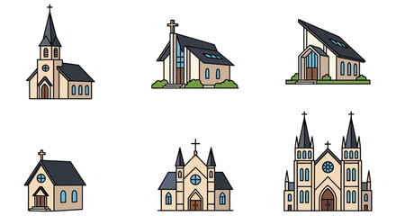 Naklejka premium Churches Vector Illustration Set On White Background architecture building chapel