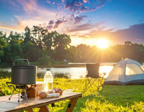 Camping scene with a cooking pot on a portable stove, food, tent, and chair by a lake at sunset