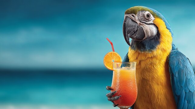 A parrot holding a cocktail with an ocean backdrop
