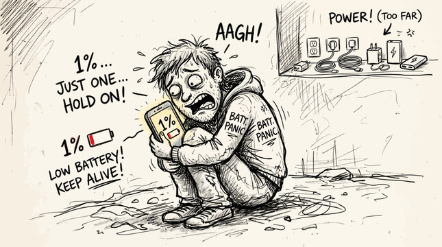 Man panicking with low battery on phone near power outlet