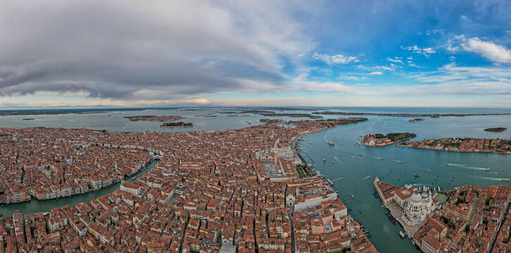 Aerial Panoramic View of Venice Historic Center with Canals and Lagoon, Italy