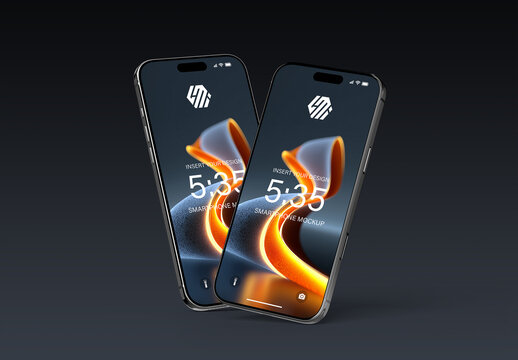 Two Floating Glossy Smartphones Isolated on Black Background Mockup