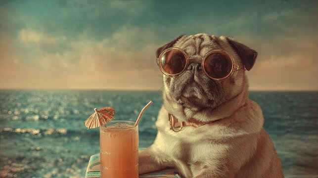 A pug holding a cocktail while standing against an ocean backdrop	