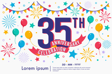 35th years anniversary celebration emblem logo isolated with balloons, bunting flag, ribbon, fireworks and stars. vector illustration template design for web, flyers, poster, greeting card © thitiwat