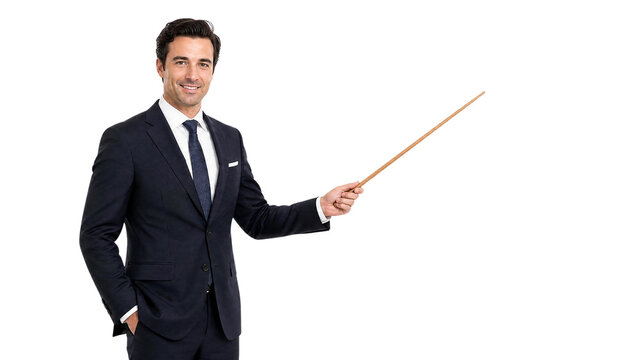 Professional Businessman Pointing with Stick Isolated on Transparent Background
