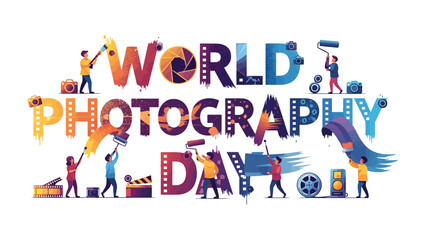 Fototapeta premium Illustration of World Photography Day Celebration with Tiny People Painting Letters