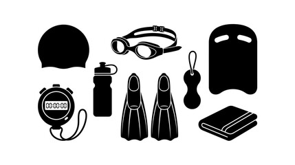 Black silhouette vector collection of diving and swimming equipment including goggles, fins, snorkel, swim cap, and accessories for water sports. © Bagus