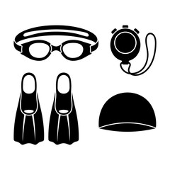 Black silhouette vector collection of diving and swimming equipment including goggles, fins, snorkel, swim cap, and accessories for water sports. © Bagus