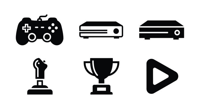 Black icons of gaming equipment, trophy, and play button on white background video game controller