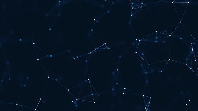 Abstract network of interconnected glowing blue dots and lines on a dark navy background representing data connections, technology, digital communication, and scientific networks in a futuristic