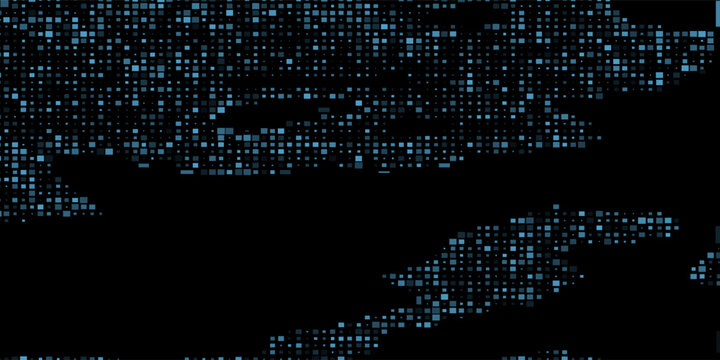 Blue Pixelated Digital Data Stream Over Black Background, Abstract Technology Matrix and Network Visualization
