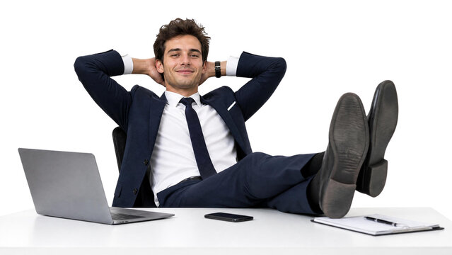 Successful Businessman Relaxing at Office Desk with Feet Up Isolated