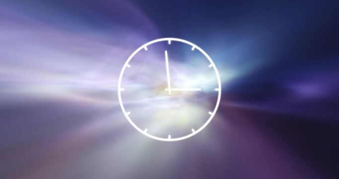 Analog time clock on futuristic nebula light in artistic universe loop motion background.