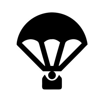 Bold black silhouette icon of a person parachuting through the sky with parachute skydiving silhouette airborne adventure minimalist activity