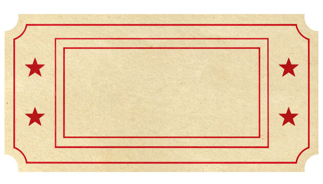 A vintage-style ticket with a rectangular shape, two interior red borders, and four red star icons on a tan-colored paper