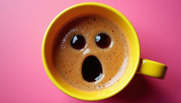 Yellow mug filled with coffee displays surprised face from foam. Funny morning drink awakens with wide eyes and open mouth. Creative beverage art in studio.