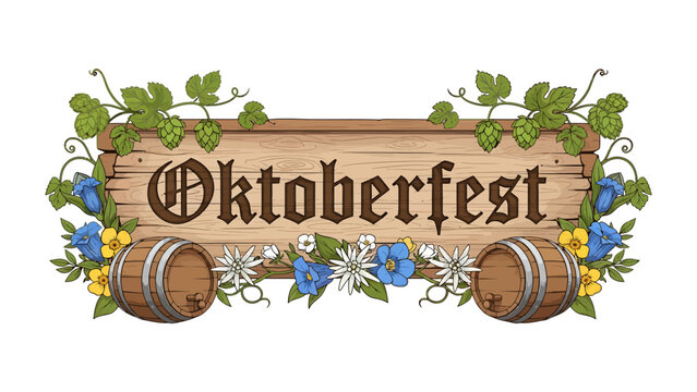 Oktoberfest Celebration Sign: A rustic wooden sign emblazoned with Oktoberfest is adorned with hops, edelweiss flowers, bluebells, and miniature beer barrels.