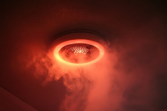 Smoke detector triggered with red warning light and smoke