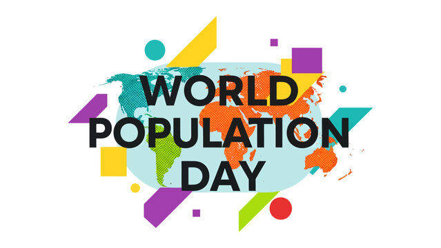 World Population Day Graphic: A vibrant and colorful graphic design celebrating World Population Day, featuring a stylized world map surrounded by abstract geometric shapes and text.
