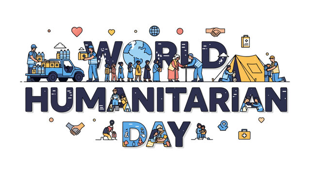 World Humanitarian Day Celebration: An illustrated depiction of World Humanitarian Day, featuring diverse people providing aid and support around the globe.