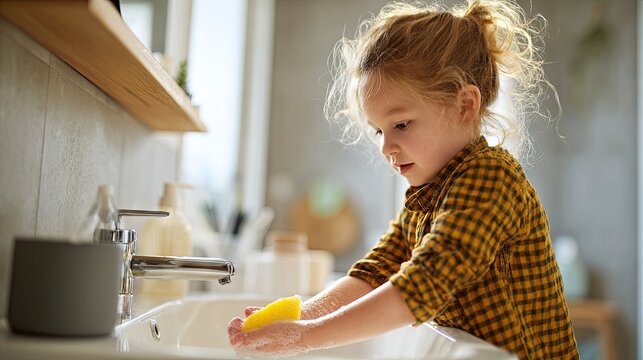 A child washes their hands with soap at a bathroom sink, highlighting parental hygiene guidance, healthy daily routines, a bright home interior, and a natural family lifestyle moment.
