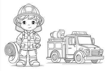 Cute Firefighter Coloring Page for Kids Friendly Firefighter with Fire Truck Line Art
