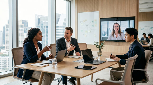 Diverse corporate team having a hybrid meeting with remote colleague on video call in modern boardroom